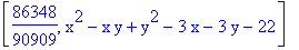 [86348/90909, x^2-x*y+y^2-3*x-3*y-22]